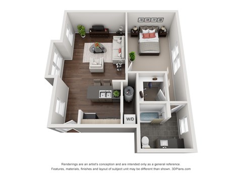 Floor plan for 1 bed, 1 bath, 762 sqft